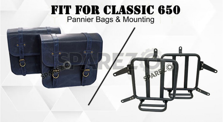 For Royal Enfield Classic 650 Genuine Leather Pannier Bags With Mounting - SPAREZO